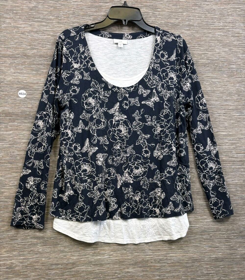 J Jill Top Blouse Womens M Navy White Floral Stretch Layered Look Long Sleeve